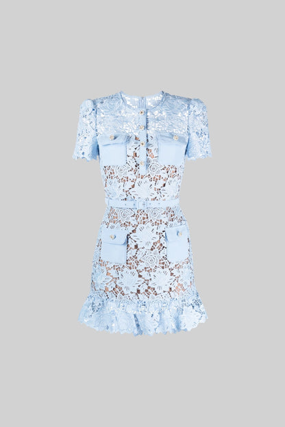 Blue Short Sleeve Embroidered Floral Dress