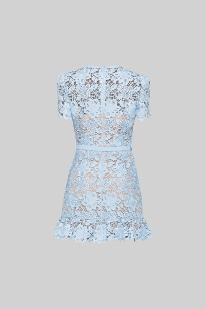 Blue Short Sleeve Embroidered Floral Dress