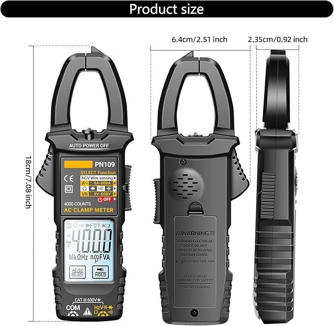 VoltEase™ - PN109 Ohmmeter Voltmeter Tester With Backlit 4000 Count Multimeter Battery Operated